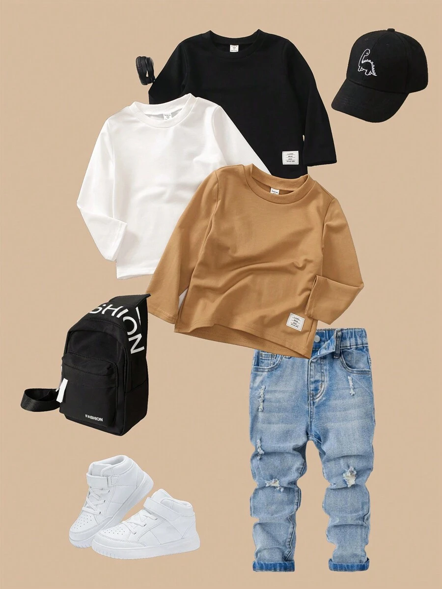 SHEIN 3pcs/Set Young Boy Casual Simple Long Sleeve T-Shirts, Fall/Winter - Multicolor - View 1
