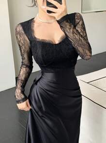 DAZY Vestido midi feminino com decote quadrado e renda contrastante, manga comprida, plissado, aniversário, vestido de baile de véspera de ano novo elegante, roupas de outono - Preto - Ver 8
