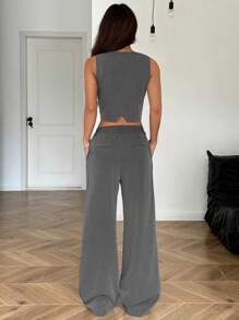 Muchica Front Button Sleeveless Minimalist Suit Vest And Wide Leg Pants 2 Pieces Set - Grey - View 2
