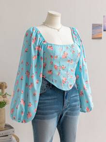 Soleia 大码女式碎花方领灯笼袖不对称下摆浪漫公主风衬衫，初秋 - 彩色 - 查看 3