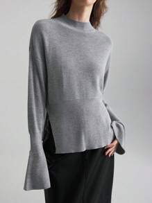 Ontre 女士复古优雅休闲 6% 羊毛圆领毛衣，喇叭袖口，侧开衩，灰色，适合秋季、新年， - 灰色 - 查看 7