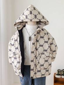 1pc Young Boy Casual Allover Print Padded Coat,Thick Warm Mid-Length Quilted Coat,Winter,Career Day,Back-To-School,Daily Wear,School,Outings,Sports - Black - View 1