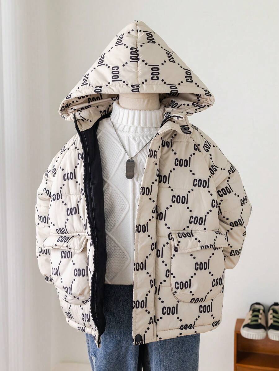 1pc Young Boy Casual Allover Print Padded Coat,Thick Warm Mid-Length Quilted Coat,Winter,Career Day,Back-To-School,Daily Wear,School,Outings,Sports - Black - View 1
