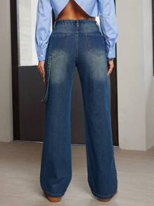 SHEIN Essnce Quần Jeans Ống Thẳng Túi Xiên Giặt Hàng Ngày Dành Cho Nữ, Phù Hợp Cho Mùa Thu - Rửa tối - Xem 2