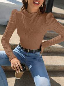 SHEIN Frenchy 1 件休闲纯色镂空刺绣羊腿袖修身 T 恤，秋季 - 棕色 - 查看 5