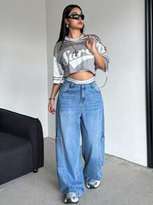 SHEIN EZwear 大码休闲风格直筒蓝色牛仔裤 - 藍色 - 查看 6