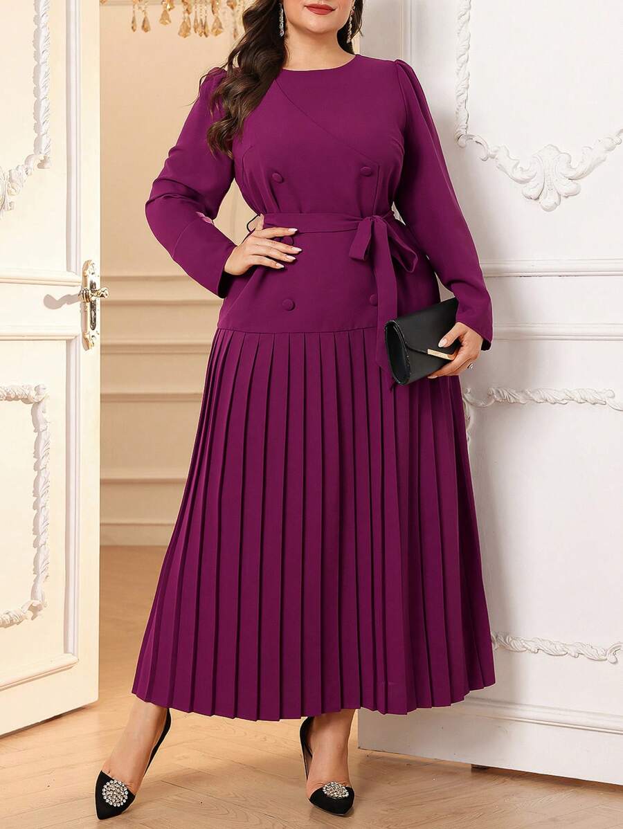 Modelyn Plus Size Elegant Solid Color Puff Sleeve Pleated Hem Dress, Autumn & Winter Long Evening Dresses