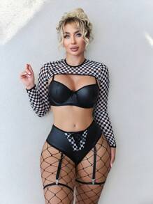 6 bộ quần áo da dài tay buộc dây in họa tiết kẻ caro gợi cảm cho lễ Halloween, thắt lưng garter và tất lưới trang phục đua xe - màu đen - Xem 1