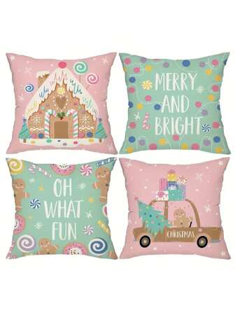4 Paquetes de Fundas de Almohada Navideñas de 18x18 pulgadas - Fundas de Cojín Contemporáneas de Poliéster con Cremallera, Lavado a Mano, Diseño Festivo de Hombre de Jengibre y Caramelo para Decoración del Hogar, Sofá, Sala de Estar y Varias Habitaciones