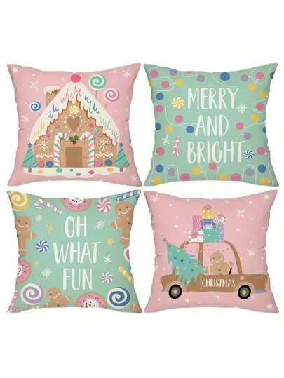 4 Packs Christmas Pillow Covers 18x18 - Contemporary Polyester Cushion Covers With Zipper, Hand Wash, Festive Gingerbread Man & Candy Design For Home Decor, Sofa, Living Room, Various Rooms