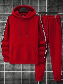 Manfinity Homme 2pcs Men Letter Ribbon Hoodie And Sweatpants Set With Drawstring, Casual Outfit For Autumn - Red - View 4