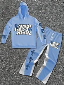 Manfinity EMRG Men Cross Letter Print Hooded Sweatshirt And Sweatpants Set, Autumn - Multicolor - View 1