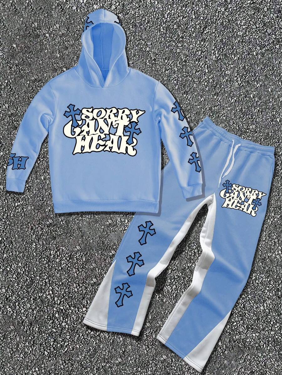 Manfinity EMRG Men Cross Letter Print Hooded Sweatshirt And Sweatpants Set, Autumn - Multicolor - View 1