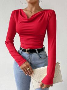 Chiquease Camiseta básica casual de manga larga de color sólido para ropa de Año Nuevo para mujeres - Rojo - Ver 3