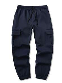 Manfinity Homme Men's Solid Color Drawstring Waist Cargo Pockets Casual Pants With Thermal Lined - Navy Blue - View 4