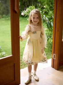 SHEIN Girls Fashion Elegant Floral Embroidery Lace Long Sleeve Dress, Suitable For Everyday Wear, Holiday, Party, Gift, Autumn