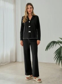 RueChic 2Pcs Cotton Collar And Ribbon Detail Lounge Set - Grey - View 6