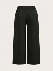 SHEIN BAE Traje de chaqueta y pantalones de pernera ancha elegantes para viajes de negocios, talla grande, con chaqueta negra con solapa, manga acampanada y plisado en la cintura, y pantalones de vestir de dos piezas