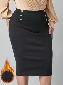 SHEIN Clasi 大码优雅纽扣装饰修身半身裙，适合休闲/工作穿着 - 酒紅色 - 查看 6