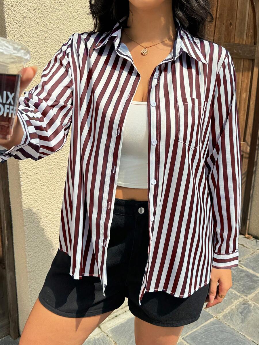 INAWLY Plus Size Striped Print Button Front Pocket Long Sleeve Casual Shirt - Red - View 1