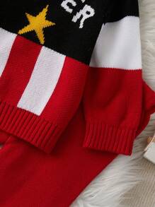 Baby Boy Knitted Sweater Set, Letter "Super" Intarsia Star Pattern, Cute All-Match Raglan Button Crew Neck Knit Pullover, Suitable For Autumn & Mild Winter, Versatile Layering And Outwear - Red - View 6