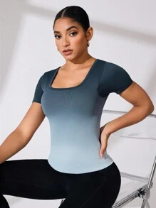 Gameset SHEIN Sport 1 件女式方领短袖渐变色瑜伽基本款 T 恤 - 灰色 - 查看 3