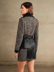 Anewsta Women Leather Paneled Zippered Moto Jacket, Fitted Waist Design
