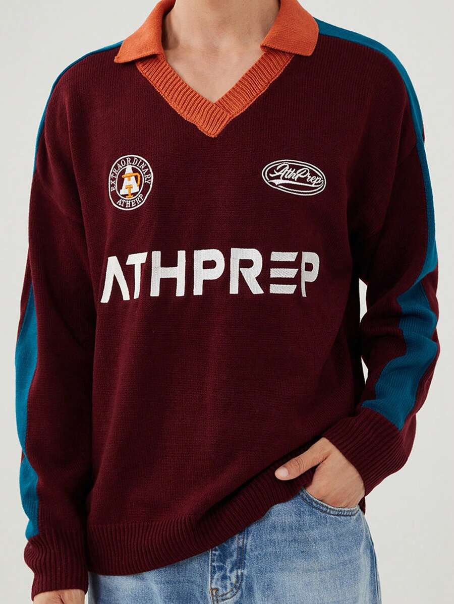 Manfinity Campus Court Aesthetic Post--Men's Casual Color Block Letter Pattern V-Neck Loose Knit Sweater, Suitable For Autumn/Winter - Burgundy - View 1
