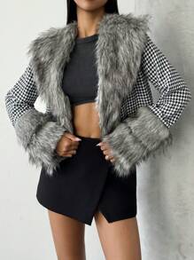 SHEIN Privé 1 pièce Veste femme en patchwork de pied-de-poule moelleuse, pour l'automne et l'hiver