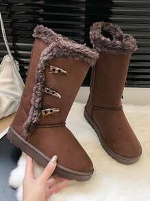 1 双女孩扣式高筒雪地靴，咖啡色，青少年保暖厚衬里，纯色，适合冬季 - 咖啡棕 - 查看 5