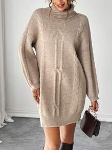 Chiquease Robe pull casual ample en tricot à col montant, manches longues et épaules dénudées, couleur unie, automne/hiver pour femmes - Nude - Voir 4
