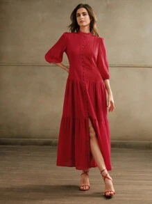 Anewsta 优雅复古白色宽松编织连衣裙女士酒红色长款女士服装 - 酒紅色 - 查看 7