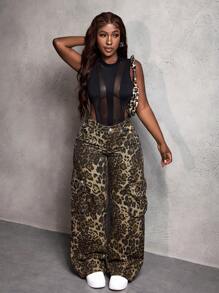 Slaydiva Women Leopard Print Cargo Pocket Wide Leg Jeans - Multicolor - View 4