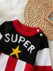 Baby Boy Knitted Sweater Set, Letter "Super" Intarsia Star Pattern, Cute All-Match Raglan Button Crew Neck Knit Pullover, Suitable For Autumn & Mild Winter, Versatile Layering And Outwear - Red - View 3