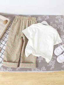 SHEIN 2 件套可爱卡通熊印花短袖上衣和格子长裤，年轻女孩休闲夏季服装 - 綠色 - 查看 2