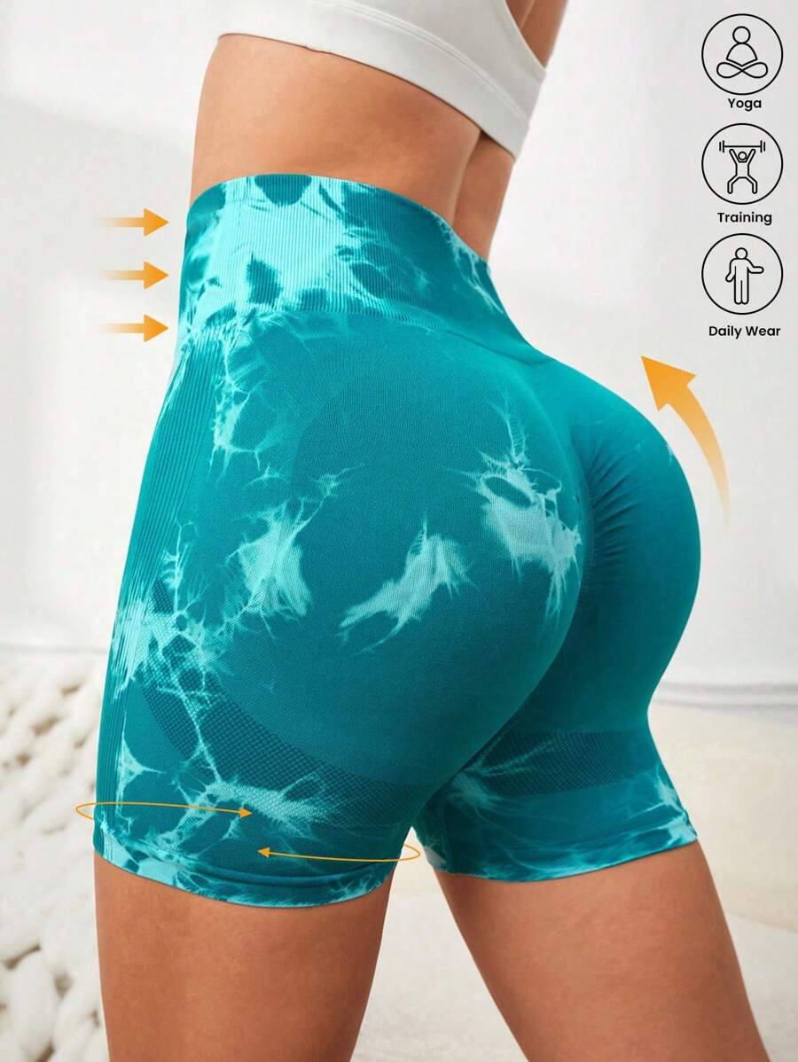 Core Rhythm 扎染宽腰运动短裤女士运动短裤、健身短裤、骑行短裤 - 青碧色 - 查看 1