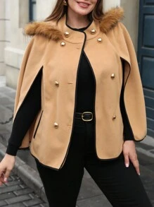 Flirla 大码撞色镶边双排扣斗篷袖优雅大衣 - 棕色 - 查看 5