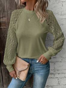 SHEIN Clasi 女式纯色圆领蕾丝拼接插肩长袖休闲衬衫，秋季