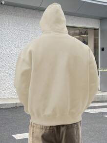 DAZY Men's Casual Slogan Print Oversized Drop Shoulder Loose Kangaroo Pocket Half Zip Up Hoodie Autumn/Spring - Beige - View 2