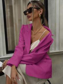 Aveloria Modichic High-End Fashionable Refined Pearl Button Puff Sleeve Straight Blazer Jacket - Hot Pink - View 2