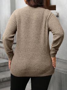 Calvaya 大码女式纯色圆领长袖休闲针织套头毛衣，秋冬针织套头衫 - 駝色 - 查看 2