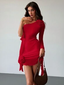 Aloruh 1 chiếc váy dài tay 2 lớp lưới mỏng bó sát cơ thể họa tiết hoa 3D cho ngày hẹn hò lãng mạn dành cho nữ - Đỏ - Xem 4