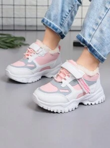 厚毛绒女童高帮运动鞋，新款保暖舒适儿童厚底厚运动鞋，适合男孩/大女孩户外/跑步，秋冬季 - 粉色 - 查看 3