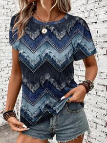 SHEIN LUNE Áo thun tay ngắn cổ tròn họa tiết sọc đơn giản tối giản cho nữ - Nhiều màu - Xem 3