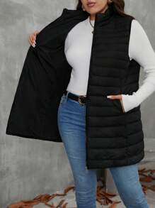 SHEIN LUNE Chaleco sin mangas minimalista y casual con cremallera frontera, plumas y relleno sintético, talla grande, unicolor