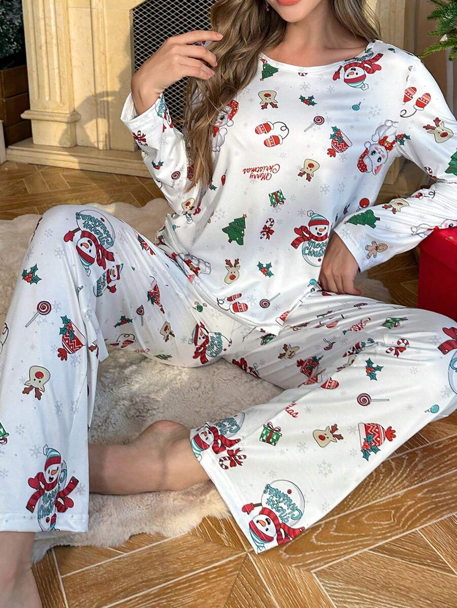 Bộ đồ ngủ cổ tròn in họa tiết Giáng sinh cho nữ và quần dài, quần áo mùa thu - trắng - Xem 1