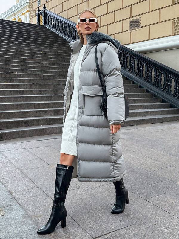 EURMUSE Abrigo largo de invierno para mujer con bolsillos y capucha con pelo