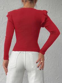 Cottnline 95% Cotton Ribbed Knit Ruffle Trim Tee - Red - View 2