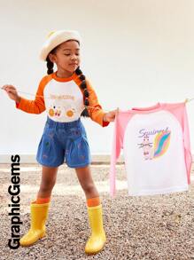 2pcs/Set Young Girl' Cartoon Squirrel & Hedgehog Print Crew Neck Raglan Sleeve T-Shirts - Orange - View 3