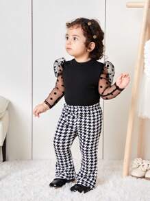 SHEIN 2pcs Baby Girl Cute Knit Panel Polka Dot Mesh Top And Houndstooth Flare Pants Set, Autumn/Winter - Black - View 6